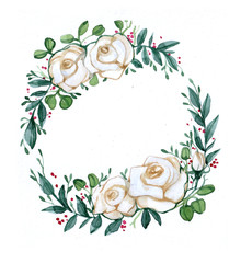 Watercolor wreath of white roses on white background 