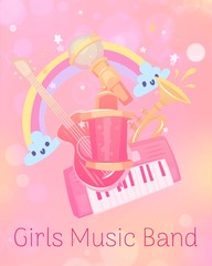 Musical children toys for girs vector illustration. Toy store, kindergarten kids games. Musical synthesizer with trumpet, guitar and cute rainbow on girlish pink background. Music toys band for girl.