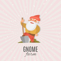 Garden gnome with shovel cartoon vector illustration. Funny dwarf. Fairy tale. Fantastic character and magical stories clip art. Cute garden gnome decorations and accessories shop poster.