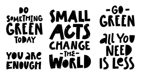 Zero waste, eco friendly, go green, plastic pollution lettering motivational set about minimalism and using reusable products. Ecology concept, recycle, reuse, reduce. 