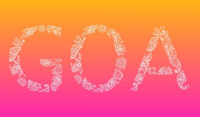 GOA letters henna tattoo doodle vector ornament on sunset gradient background. Ornamental typography for travel to Indian Goa poster, flyer, signboard. Travel agency to India.