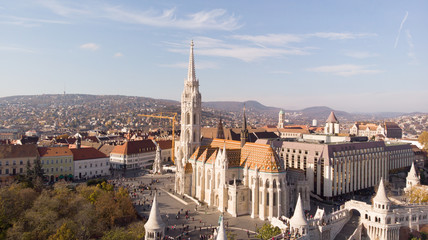 Budapest, Hungary - aerial shot from drone on St. Matthias Church. One of the main temple in...