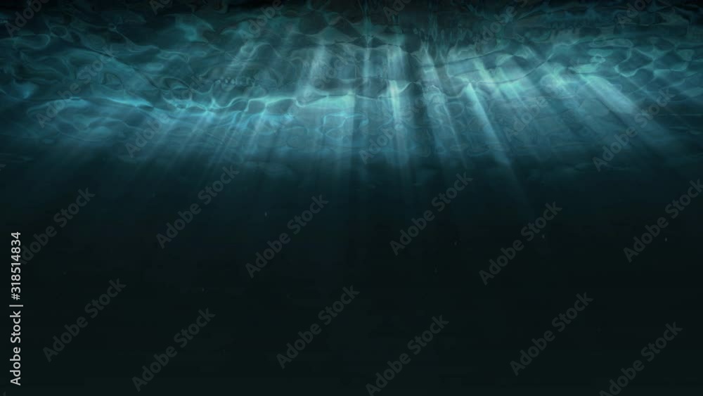 Poster seamless loop deep blue underwater with sunlight rays shining through ocean surface. 3d motion graph
