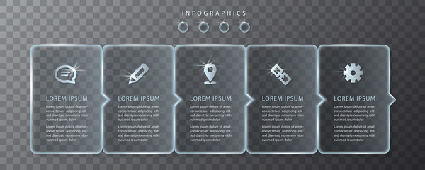 Vector infographic design UI template transparent glass labels and icons