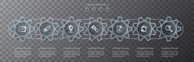 Vector infographic design UI template transparent glass gear wheel and icons - obrazy, fototapety, plakaty