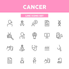 Fototapeta na wymiar Cancer simple set line icons. Breast cancer, melanoma, chemotherapy. Vector illustration symbol elements for web design..