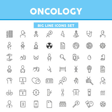 Oncology simple set line icons. Breast cancer, melanoma, chemotherapy. Vector illustration symbol elements for web design..