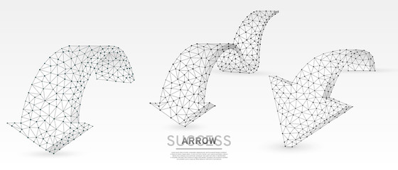Arrows down, set of challenge signs. Downtrend, destination, goal, business partnership concept on white origami background. Low poly, abstract, polygonal, wireframe 3d vector illustration
