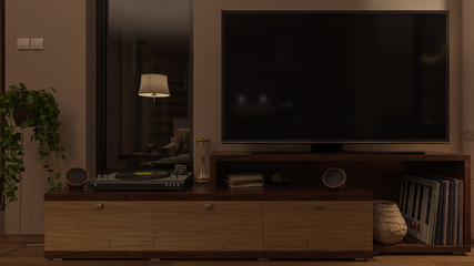 Contemporary Television Stand in Low Lighting at Night 3D Rendering