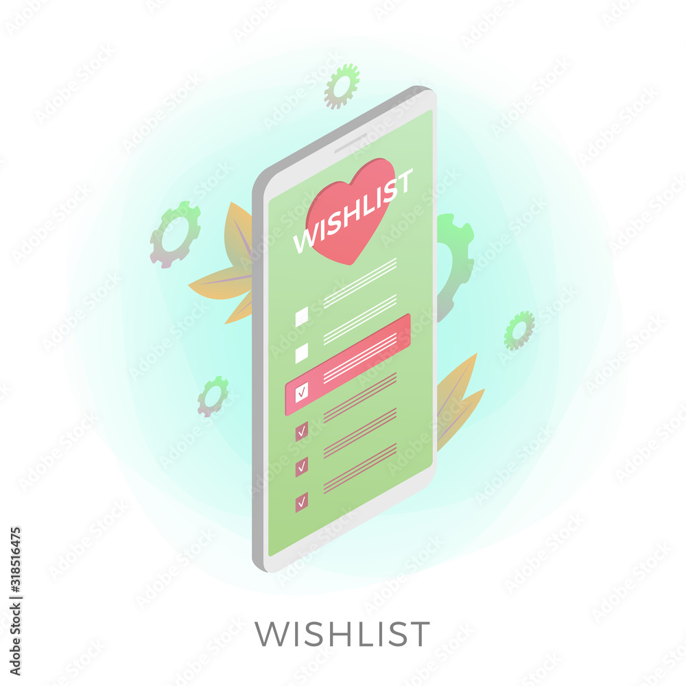 Poster wishlist isometric vector icon concept. smart phone with a list with checkmarks of favorite wish ite