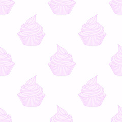 Vector seamless pattern with cupcakes; hand drawing dessert for fabric, wallpaper, textile, wrapping paper, package, web design.