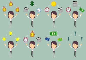 Portrait of a beautiful expressive young brunette with objects. Stock flat vector illustration.