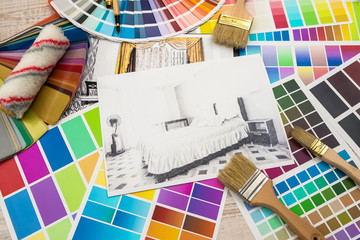 architect work - drawing sketch plans blueprints with color palette for help
