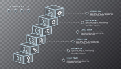 Vector infographic design UI template transparent glass cubic box and icons