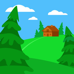 Obraz na płótnie Canvas House on hill among fir trees. Summer nature, landscape. Field, green hills, blue sky with clouds, meadow. Vector illustration