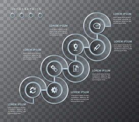 Vector infographic design UI template transparent glass round spiral frame labels and icons