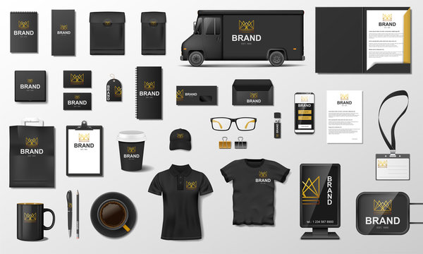 Corporate Branding identity template design. Modern Stationery mockup black and gold color. Business style stationery and documentation. Vector illustration
