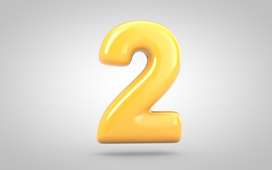 Yellow Bubble Gum number 2 isolated on white background. 3D rendered illustration. Best for anniversary, birthday party, new year celebration.