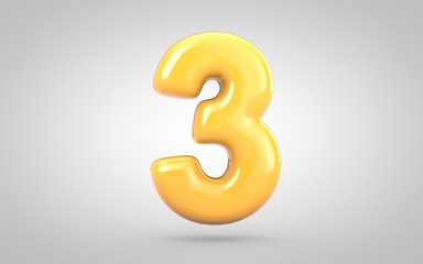 Yellow Bubble Gum number 3 isolated on white background. 3D rendered illustration. Best for anniversary, birthday party, new year celebration.