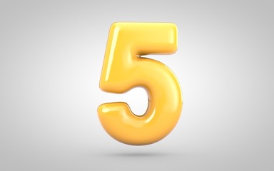 Yellow Bubble Gum number 5 isolated on white background. 3D rendered illustration. Best for anniversary, birthday party, new year celebration.
