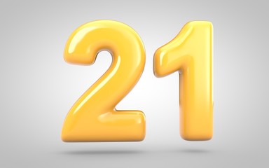 Yellow Bubble Gum number 21 isolated on white background. 3D rendered illustration. Best for anniversary, birthday party, new year celebration.