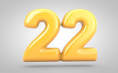 Yellow Bubble Gum number 22 isolated on white background. 3D rendered illustration. Best for anniversary, birthday party, new year celebration.