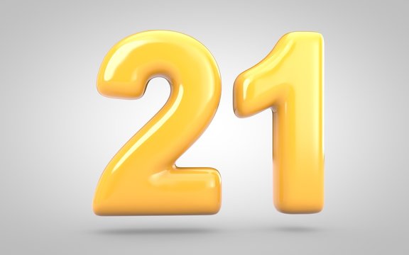 Yellow Bubble Gum number 21 isolated on white background. 3D rendered illustration. Best for anniversary, birthday party, new year celebration.