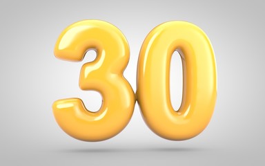 Yellow Bubble Gum number 30 isolated on white background. 3D rendered illustration. Best for anniversary, birthday party, new year celebration.