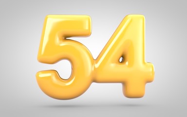 Yellow Bubble Gum number 54 isolated on white background. 3D rendered illustration. Best for anniversary, birthday party, new year celebration.