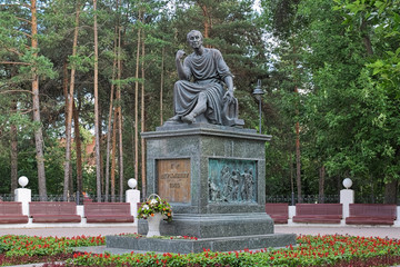Kazan, Republic of Tatarstan, Russia. Monument to the famous Russian poet and statesman Gavriil Derzhavin. The monument was erected in 1846. Text on the pedestal reads: To G.R. Derzhavin 1846.