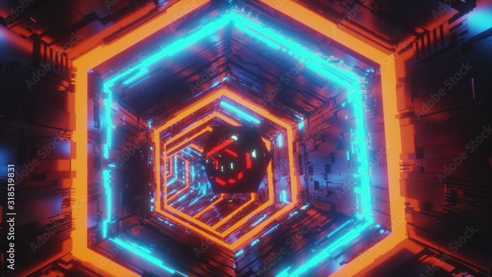 Aufkleber abstract background motion video of a specular gem moving in the center of hexagon tunnel of bright 