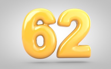 Yellow Bubble Gum number 62 isolated on white background. 3D rendered illustration. Best for anniversary, birthday party, new year celebration.