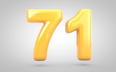 Yellow Bubble Gum number 71 isolated on white background. 3D rendered illustration. Best for anniversary, birthday party, new year celebration.