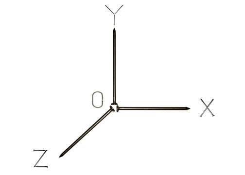 Image coordinate system "XYZ" made of iron nails on a white background