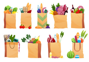 Set of paper bag with Fresh Food - vector illustration in flat style. Different food and beverage products, grocery shopping. Fruits, vegetables, ham, cheese, bread, milk