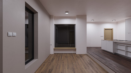 Illuminated Open Plan Kitchen at Nighttime Without Furniture 3D Rendering