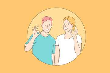 Ok sign, approval concept. Delighted contented man and woman are showing ok sign. Happy cheerful boy and girl approve action. Smiling merry teenagers joyfully show endorcement. Simple flat vector
