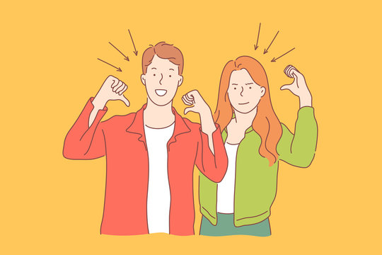 Smiling young people, good mood, optimism concept. Positive emotions, self presentation, happy boyfriend and girlfriend showing themselves, sign language, glad facial expression. Simple flat vector