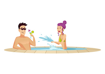 Attraction in waterpark.. Two resting in little swim pool. Man drinking a cocktail. Flat style isolated vector illustration