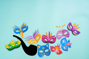 Fototapeta na wymiar Concept of carnival festival, Hand made carnival mask, mustache and hat