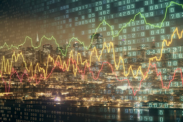 Financial graph on night city scape with tall buildings background double exposure. Analysis concept.
