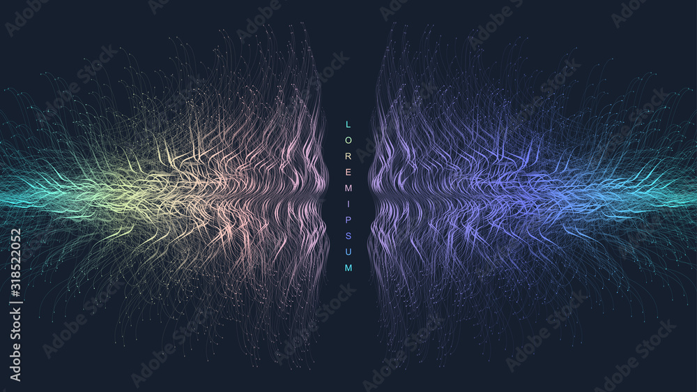 Poster Scientific vector illustration quantum computer technology, wave flow. Plexus fiction effect. Deep learning artificial intelligence. Big data algorithms visualization. Quantum explosion background.