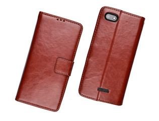 brown Magnetic wallet leather smartphone case flip cover isolated on white background