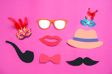 Concept of carnival festival, Hand made carnival mask, mustache  and hat