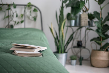 cosy light bedroom with tropical flowers decoration