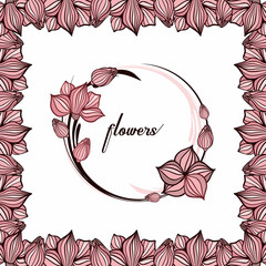 Round color vector frame with flowers on isolated background. Decor, hobby, postcard.
