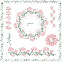 Set of frames, wreaths, floral, elements from flowers. Colored on an isolated background.