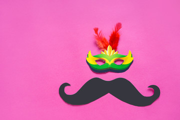 Concept of carnival festival, Hand made carnival mask, mustache  and hat