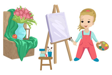 Fototapeta premium Preschooler girl paints a picture on canvas, still life with flowers. Vector illustration