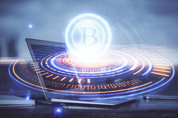 Double exposure of blockchain theme hologram and table with computer background. Concept of bitcoin crypto currency.